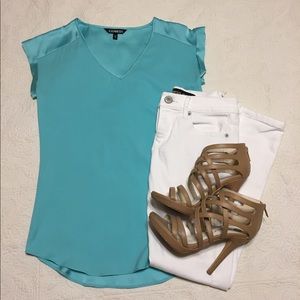 Express Silky V-neck Rolled Sleeve Top